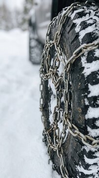 Offroad Vehicle Tire Equipped with Heavy Duty Metal Chains for Superior Traction and Safety on Dangerous Snowy and Icy Winter Mountain Roads