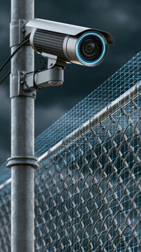 Security camera mounted on metal pole beside chain link fence, blue lens glowing against dark background