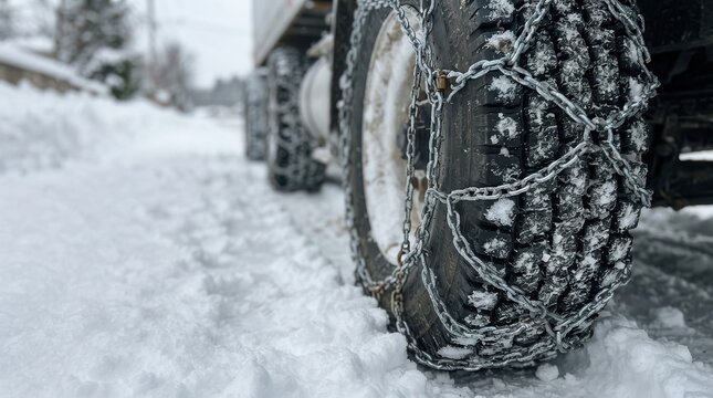 Heavy Duty Truck Tire Equipped with Steel Snow Chains for Enhanced Traction and Safety on Hazardous Frozen Winter Roads during Severe Weather Conditions