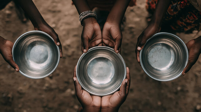 Overhead view of hands holding empty metal bowl while awaiting community meal on dusty ground, conveying food insecurity and humanitarian need