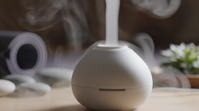 White essential oil diffuser releasing gentle steam vapor for aromatherapy, relaxation and wellness concepts