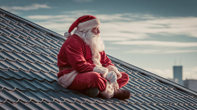 Santa Claus sitting on tiled roof beneath cloudy winter sky with thoughtful expression and festive red clothing