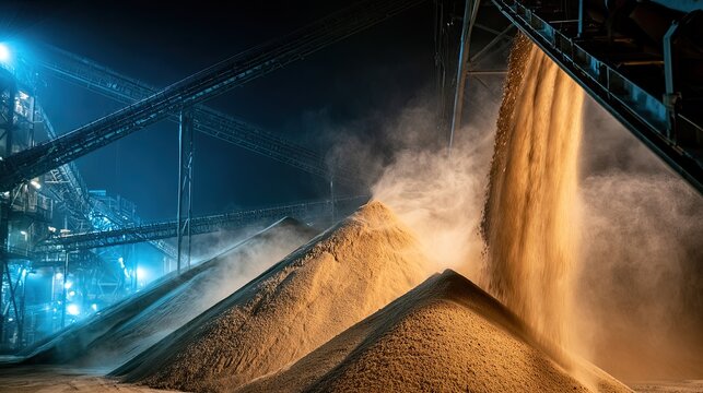 Industrial grain processing facility at night with falling wheat creating dust clouds.
