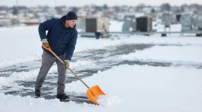 A diligent worker clears heavy snow from a commercial rooftop using a bright orange shovel during a cold winter day ensuring safety and accessibility