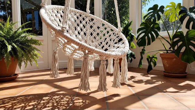 Cozy white macrame hanging chair in sunlit conservatory with terracotta tiles and lush green houseplants