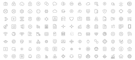 Fototapeta premium Comprehensive collection of thin line interface icons for web development and digital user experience design.