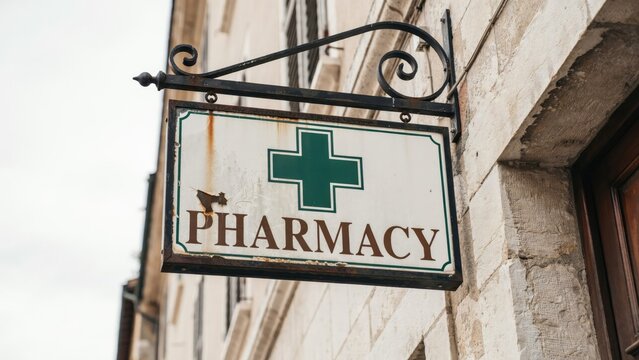 Vintage pharmacy sign with green cross on a stone building facade
