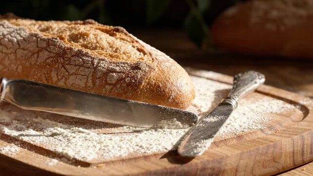 Freshly baked artisan bread loaf on a rustic wooden cutting board with flour dusting, ideal for bakery and food preparation concepts