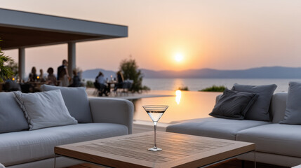 Obraz premium Modern outdoor lounge luxury rooftop sunset view cocktail pool elegant serene social summer scenic relaxation