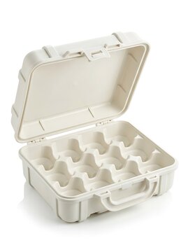 Open empty egg carton container case made of molded pulp isolated on white background