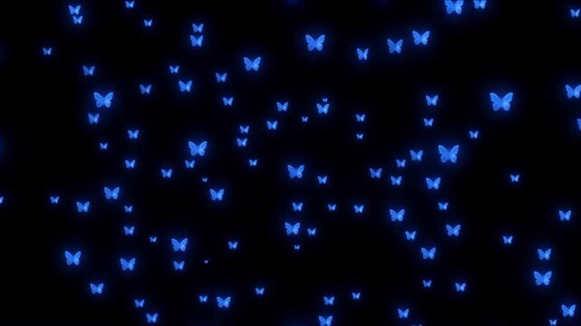 漆黒の空間に浮かぶ半透明な青い蝶のアイコンと光の背景映像素材