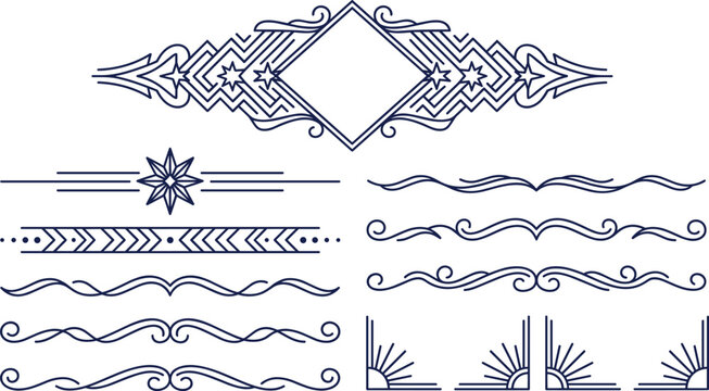 Art Deco Geometric Calligraphic Decorative Design Element Set with Diamond Frames Star Dividers Line Corners and Swirl Borders for Luxury Corporate Branding and Invitations