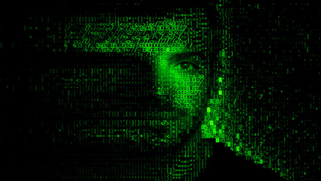 Male Face dissolving into Source Data, representing Passkey Security Concept.