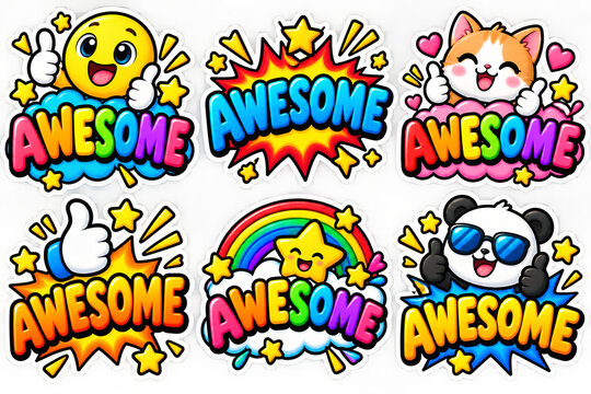 Set of six colorful awesome stickers featuring cute characters rainbows stars and expressive typography on black background
