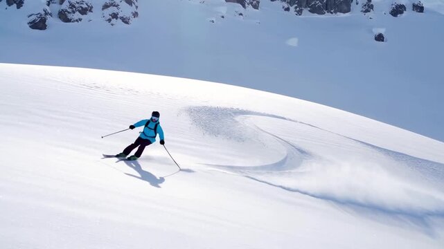 Gracefully Maneuvering On Steep Powder Terrain, Elegant Skier Glides Across Snow With Stylish Wide Bends, Skier Skillfully Traces Broad Curves Down Challenging Snowcovered Mountain Landscape