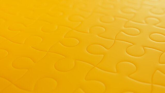 Close up of Yellow Jigsaw Puzzle Pieces. Geometric Cohesion Concept Background.