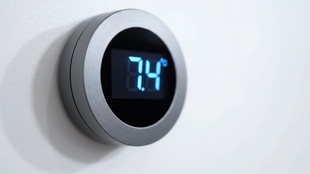 Modern round smart thermostat mounted on a clean white wall displaying digital temperature readout in glowing blue numbers, ideal for energy efficiency and home automation concepts
