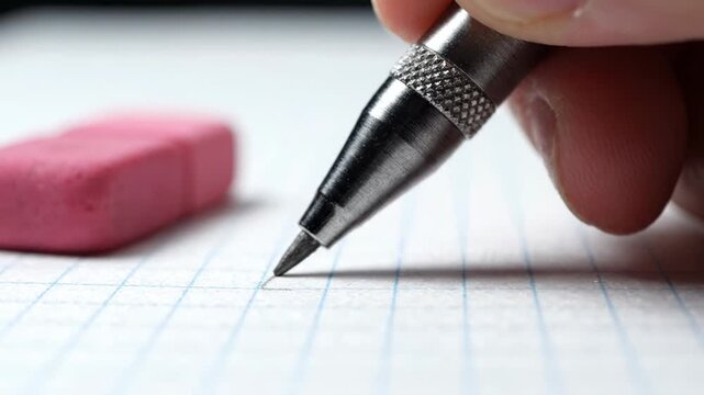 Close-up of human hand writing with a mechanical pencil on lined paper next to a pink eraser, capturing study session and education themes