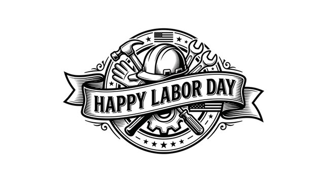 Happy Labor Day badge with industrial tools and American flag design