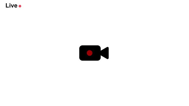 Live video camera recording icon animation with flashing red dot loop on white background for media interface overlay.Live online stream animated icon.Live video broadcasting icon animation.