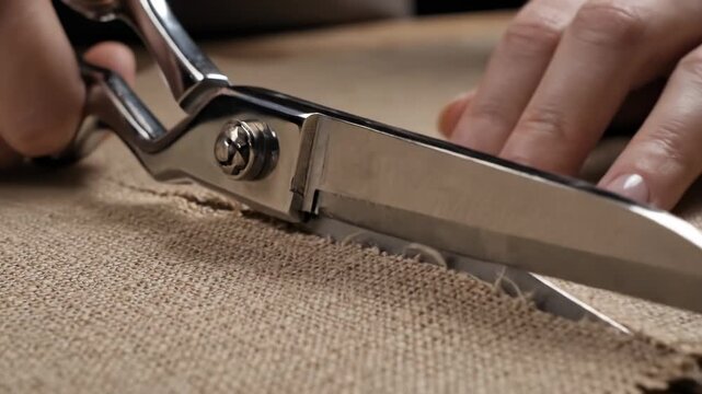 Close-up of tailor hands cutting thick burlap fabric with sharp metal scissors, sewing and tailoring process