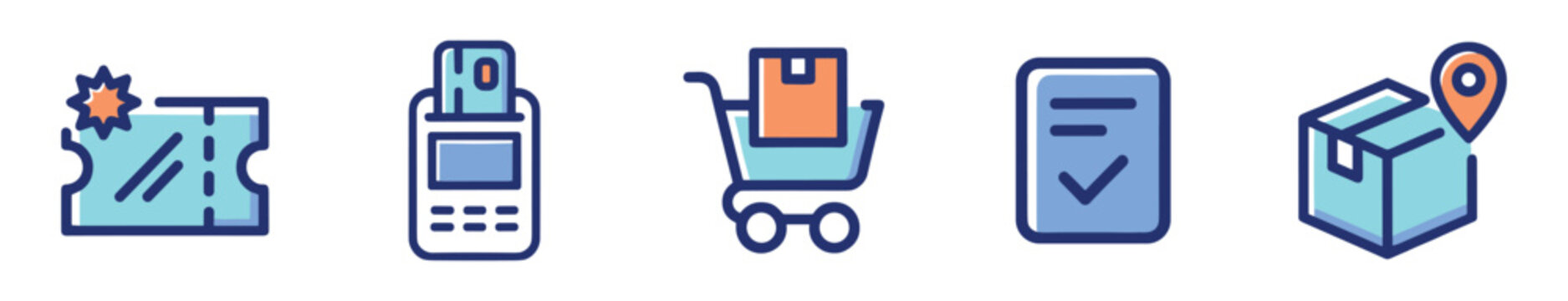 Shopping cart and card reader icon set for e-commerce logistics