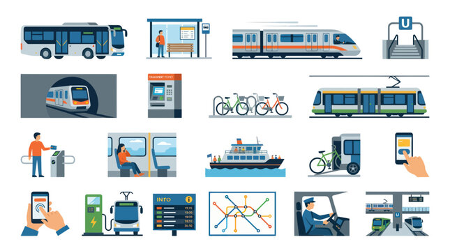 Flat Design Icons of Public Transportation and Urban Mobility Objects