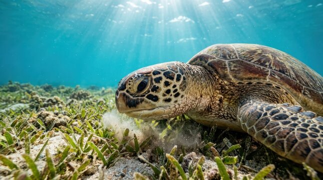 Majestic Green Sea Turtle Grazing on Underwater Seagrass Meadow with Sunbeams Filtering Through Water