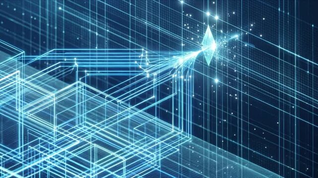 青く発光するシナプス格子がデータハブへ集束する量子神経回路の背景映像
