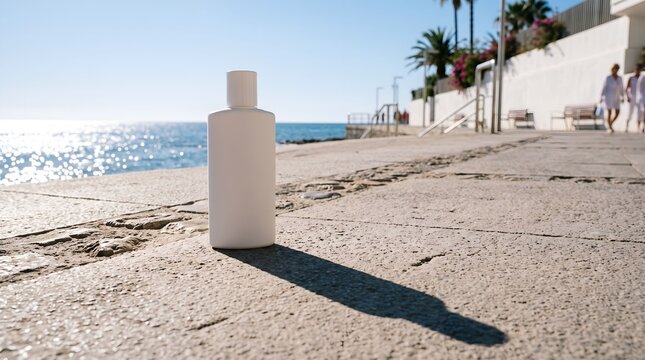 Empty sunscreen bottle standing on sandy beach with ocean and palm trees in background