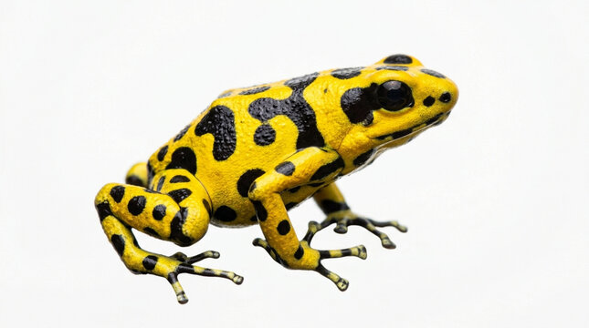 Striking yellow and black spotted poison dart frog isolated on a clean white background, showcasing vibrant warning coloration and skin texture.