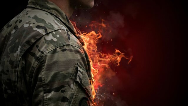 Soldier standing near flames reflecting on conflict and the cost of war