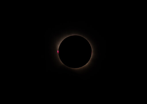 Total solar eclipse with visible corona and solar prominences