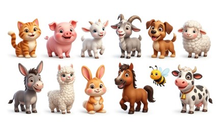 Fototapeta premium Cute Cartoon Farm and Domestic Animals Collection Isolated on White Background - 3D Style Illustrations for Kids