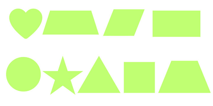 A diverse collection of light green geometric basic shapes including a heart circle star triangle square rectangle trapezoid and parallelogram