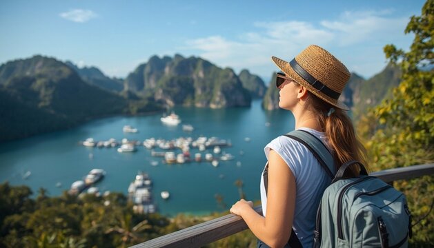 Girl on the bridge Traveler woman looking amazed nature scenic landscape tropical island Phang-Nga bay Adventure lifestyle tourist travel Phuket Thailand summer holiday vacation Tourism beautiful dest