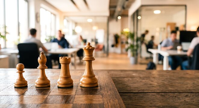 Wooden chess pieces on board in modern office with business team working in background. Strategy, leadership and teamwork concept for business planning and competition