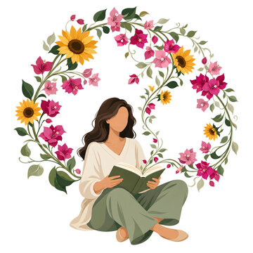 Young woman sitting cross-legged reading a book inside a circular floral wreath frame, concept of mindfulness, mental health, relaxed self-care, and literary wellness illustration