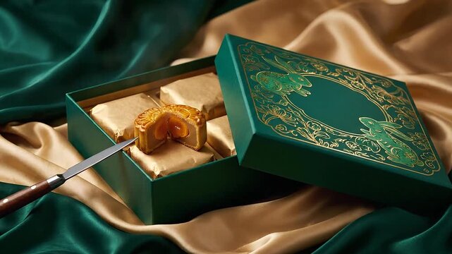 Cut mooncake in green gift box on silk fabric background
