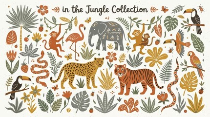 Fototapeta premium In the Jungle Collection: Hand-drawn Tropical Animal and Exotic Plant Illustration Set with Tiger, Elephant, and Leopard