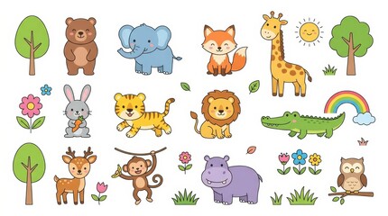 Fototapeta premium Cute Cartoon Animal Collection Set with Safari and Forest Creatures in Flat Vector Style for Kids