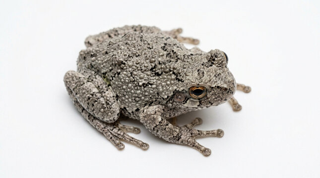 A close-up high-angle view of a grey tree frog sitting calmly on a clean white background, showcasing its textured camouflage skin and detailed eyes.