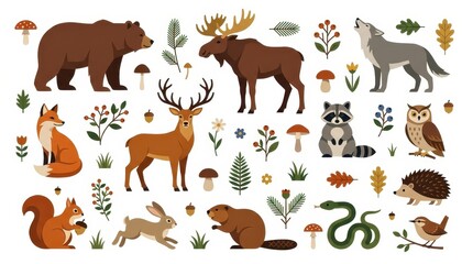 Fototapeta premium Woodland Forest Animals and Nature Elements Vector Illustration Set with Bear, Deer, Fox, and Wolf