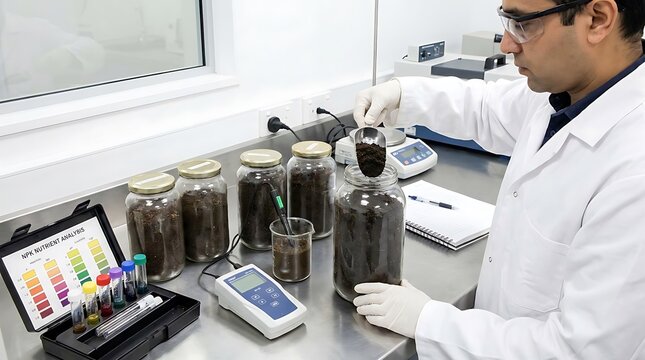Man scientist in lab coat testing soil samples in laboratory. Agronomist analyzing dirt with NPK nutrient analysis kit, test tubes and digital