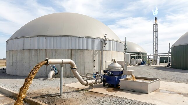 Biogas plant with large dome digesters and pipe pumping organic slurry. Anaerobic digestion facility for renewable energy production. Sustainable waste treatment and green power generation concept.