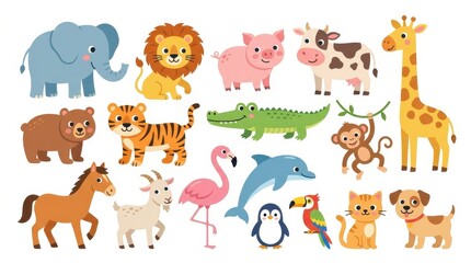 Fototapeta premium Cute Cartoon Animal Set Vector Illustration with Wild Safari Farm and Sea Animals for Children