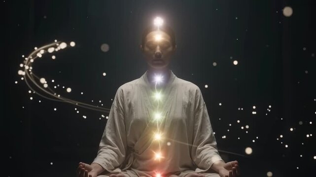 Chakra energy points glow and pulse gently along a meditating figure's spine in soft sequence from base to crown, ethereal light particles rising, gentle ambient hum of stillness