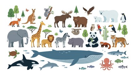Fototapeta premium Large Collection of Wild Animal Illustrations, Flat Vector Icons of Mammals, Birds, and Marine Life for Educational Design
