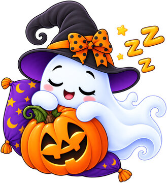 Cute Sleepy Halloween Ghost Hugging Jack O Lantern Pumpkin