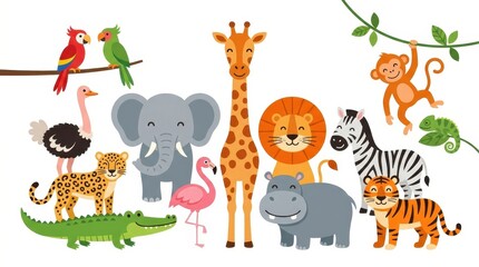 Fototapeta premium Cute Cartoon Wild Animals Collection with Giraffe Elephant Lion Tiger Zebra and Monkey on White Background